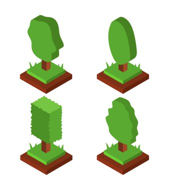 Isome ağaçları. Beyaz arkaplanda izole edilmiş 3d vektör ağaçları kümesi.