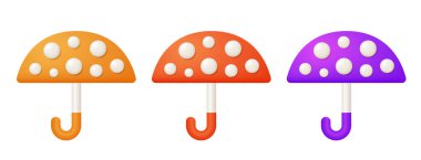 Üç boyutlu puantiyeli şemsiye. Sarı, turuncu ve mor şemsiyeler. Beyaz arkaplanda vektör ortamı izole edildi.