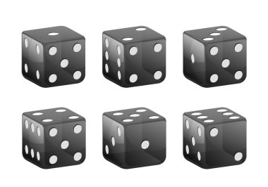 Beyaz noktalı siyah zarlar. Vektör seti beyaz arkaplanda izole edildi. 3d zar.