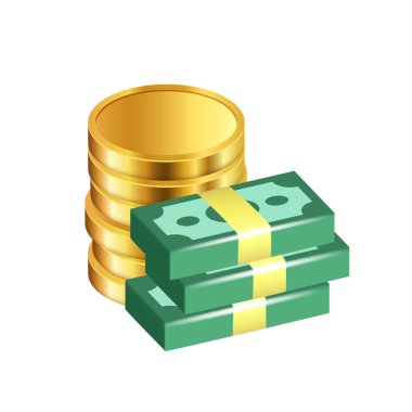 Altın paralar ve nakit desteler. Vektör illüstrasyonu beyaz arkaplanda izole edildi.