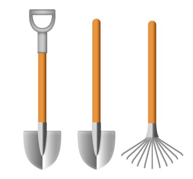 Tırmık ve kürek. Beyaz arkaplanda 3d vektör dağılımı izole edildi.