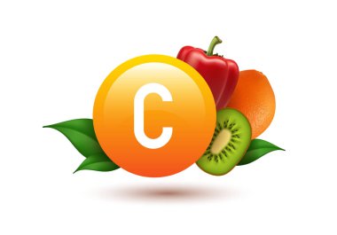 C vitamini içeriği yüksek olan ürünler. Beyaz arka planda izole edilmiş C vitamini 3 boyutlu illüstrasyon..