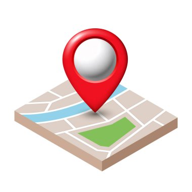 İzometrik şehir haritası ve harita işaretleyici. Vektör illüstrasyonu beyaz arkaplanda izole edildi.