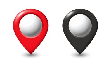 Kırmızı ve siyah harita rozeti. Beyaz arkaplanda izole edilmiş vektör 3B ortamı.