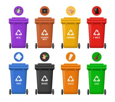 Çöp bidonları. Farklı çöp türleri için konteynırlar. Farklı renkte kaplar. Vektör Ayarları