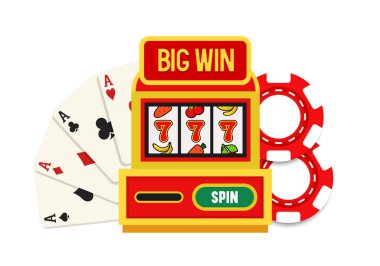 Casino illüstrasyonu. Kumar makinesi, çipler, kart vantilatörü. Beyaz arkaplanda izole edilmiş vektör düz illüstrasyon.