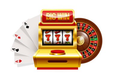 Casino illüstrasyonu. Kumar makinesi, rulet tekerleği ve kart vantilatörü. Beyaz arkaplanda izole edilmiş vektör 3d illüstrasyon.