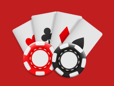 Casino illüstrasyonu. Kartlar ve fişler. Kumarhane ve kumarhane temalı 3 boyutlu elementler.