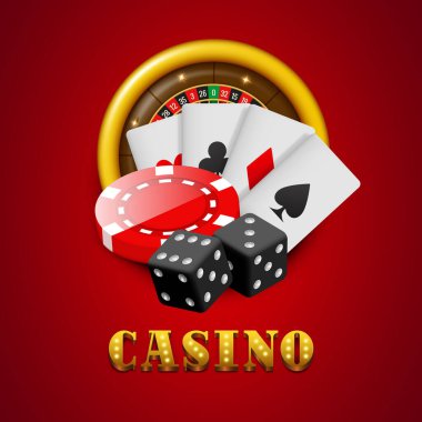 Kumarhane konsepti çizimi. Kumarhane ve kumar teması üzerine kompozisyon. Kırmızı arkaplanda vektör ortamı izole edildi.