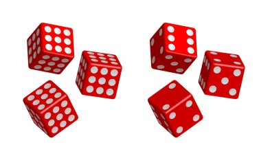 Beyaz noktalı kırmızı zarlar. Vektör seti beyaz arkaplanda izole edildi. 3d zar.