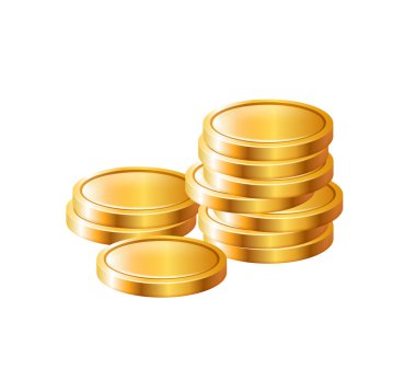 Bir yığın altın para. Vektör 3 boyutlu illüstrasyon beyaz arkaplanda izole edildi.