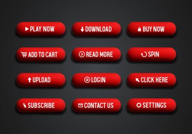 Web sitesi için kırmızı düğmeler. Siyah arkaplanda izole edilmiş 3D vektör düğmeleri kümesi.
