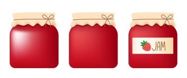 Çilek reçelli cam kavanozlar. Vektör ortamı.
