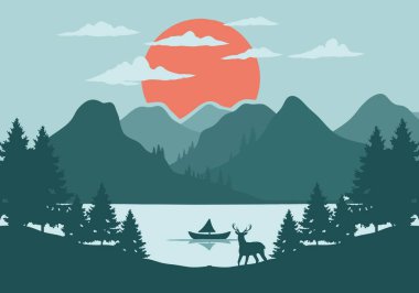 Gölün arkasındaki dağ manzarası. Bir sürü çam ağacı ve bir geyik çizimi.