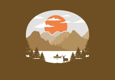 Gölün arkasındaki dağ manzarası. Bir sürü çam ağacı ve bir geyik çizimi.