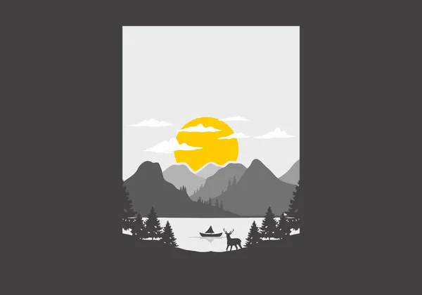 Краєвид Гору Озером Багатьма Сосновими Деревами Ілюстрацією Оленів — стоковий вектор