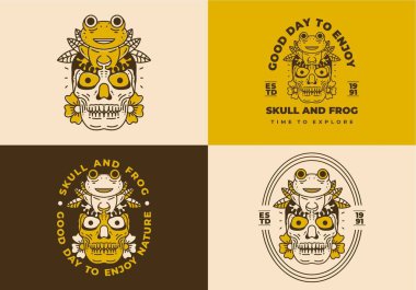 Bir kurbağanın klasik sanat tasarımı kafatasının üzerine oturur.