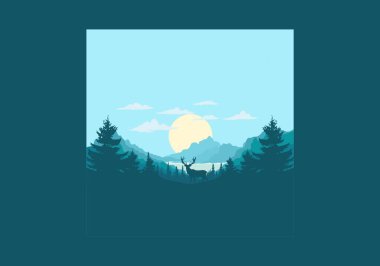 Gölün önünde duran bir geyiğin manzara resmi.