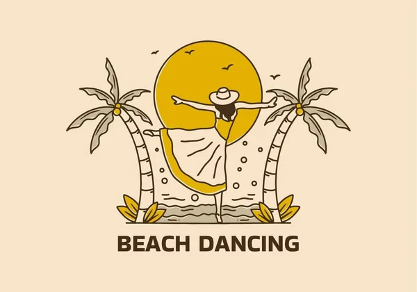 Żółty Vintage Ilustracja Sztuki Kobiety Tańczącej Plaży — Wektor stockowy