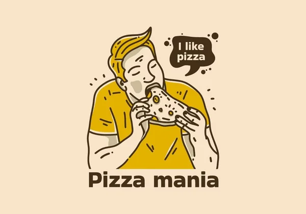 Vintage Τέχνη Εικονογράφηση Του Ανθρώπου Τρώει Πίτσα — Διανυσματικό Αρχείο