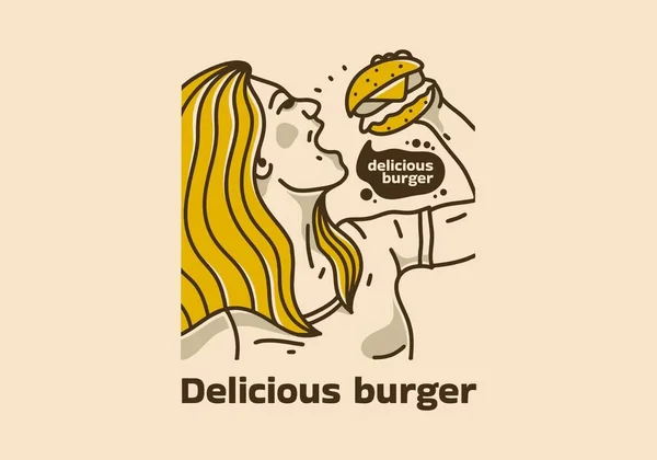 Vintage Τέχνη Απεικόνιση Της Γυναίκας Τρώγοντας Burger — Διανυσματικό Αρχείο