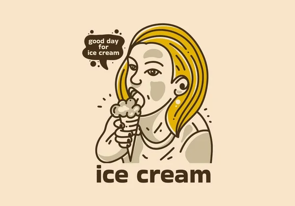 Vintage Art Illustration Design Girl Eating Ice Cream — Stock Vector