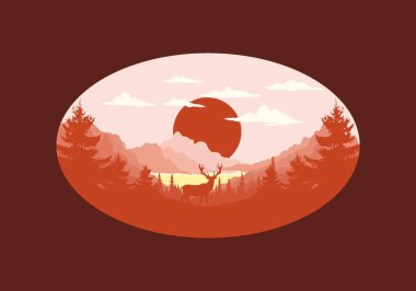 Gölün önünde duran bir geyiğin manzara resmi.