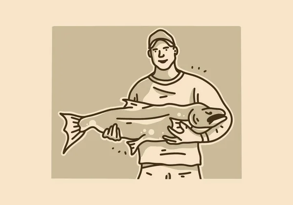 Vintage Art Illustration Design Eines Mannes Mit Einem Großen Fisch — Stockvektor