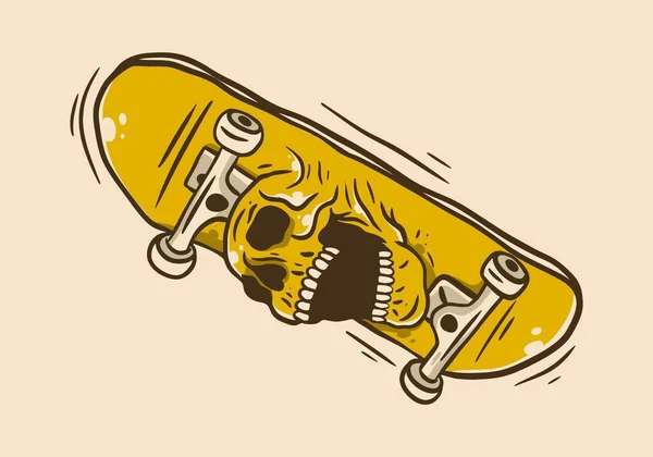 スケートボードと頭蓋骨のヴィンテージアートイラストデザイン — ストックベクタ