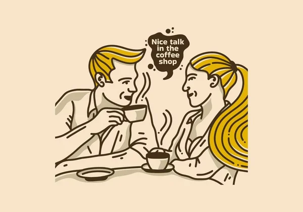 Vintage Art Illustration Design Man Woman Chatting Coffee — Stock Vector