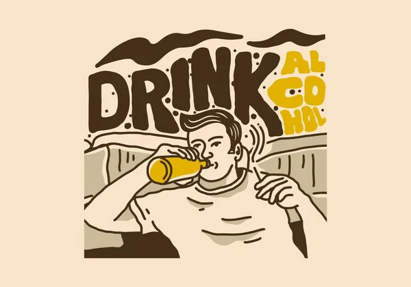 Arte Vendimia Ilustración Dibujo Del Hombre Bebe Alcohol — Vector de stock