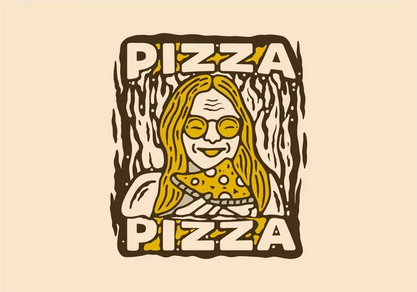 Vintage Art Ilustracja Rysunek Kobiety Jedzącej Pizzę — Wektor stockowy