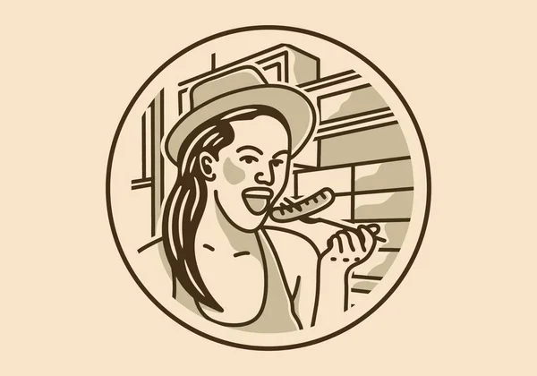 Винтажный Художественный Иллюстрированный Дизайн Женщины Питающейся Соусом — стоковый вектор