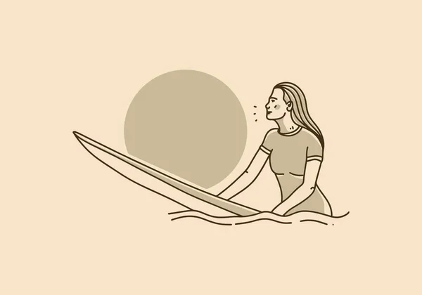 Винтажный Рисунок Женщины Сидящей Доске Серфинга — стоковый вектор