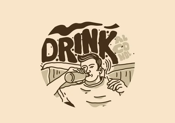 Vintage Kunst Illustratie Tekening Van Mens Drinkt Alcohol — Stockvector