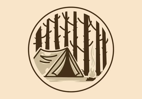 大きな木の間のキャンプテントのヴィンテージアートイラストデザイン — ストックベクタ