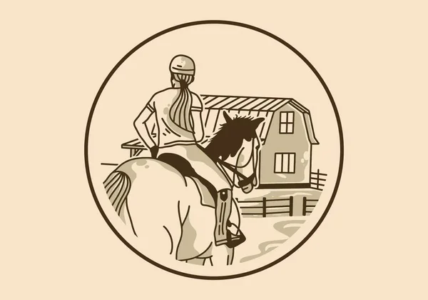 Seni Antik Desain Ilustrasi Wanita Naik Kuda Dalam Bingkai Lingkaran - Stok Vektor