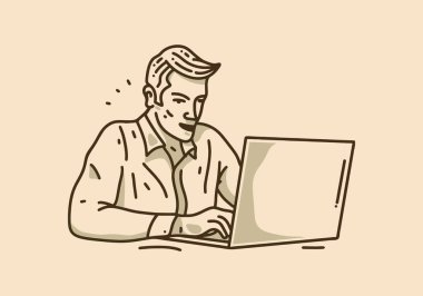 Dizüstü bilgisayarın önünde bir adamın klasik sanat çizimi