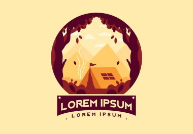 Colorful flat illustration design of outdoor camping tent in the forest with mountain view