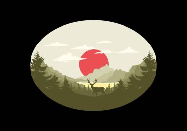 Gölün önünde duran bir geyiğin manzara resmi.