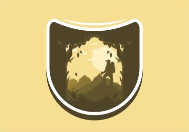 silhouette flat illustration design of a mountain climber standing on top of a hill
