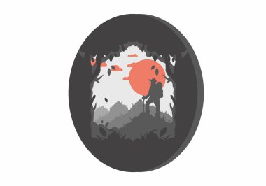 silhouette flat illustration design of a mountain climber standing on top of a hill