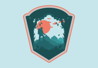 silhouette flat illustration design of a mountain climber standing on top of a hill