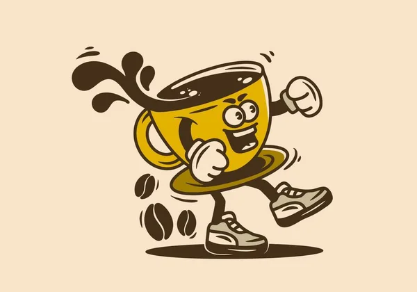 Mascot character illustration of a cup of coffee with hands and feet