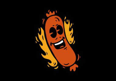 sausage character illustration with a flame beside it
