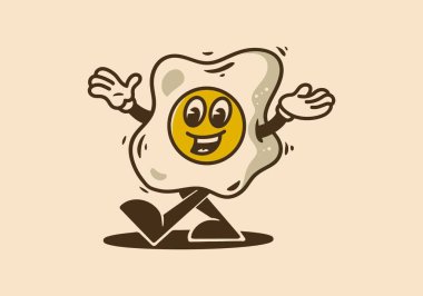 illustration character design of a fried egg is walking with a happy face