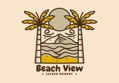 Beach view illustration line art drawing in vintage color