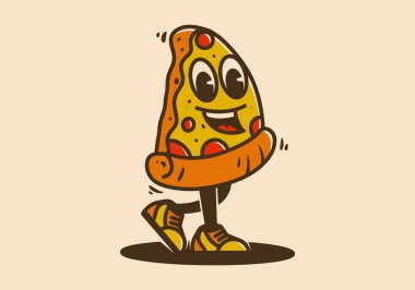 Mascot character design of walking pizza with happy face