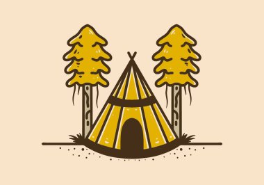 Line art illustration design of a cone tent with two pine trees
