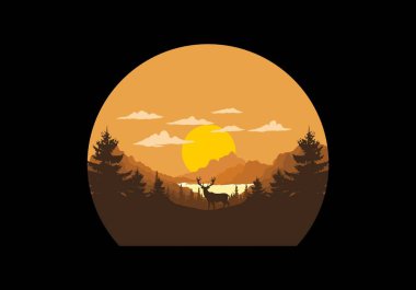 Gölün önünde duran bir geyiğin manzara resmi.